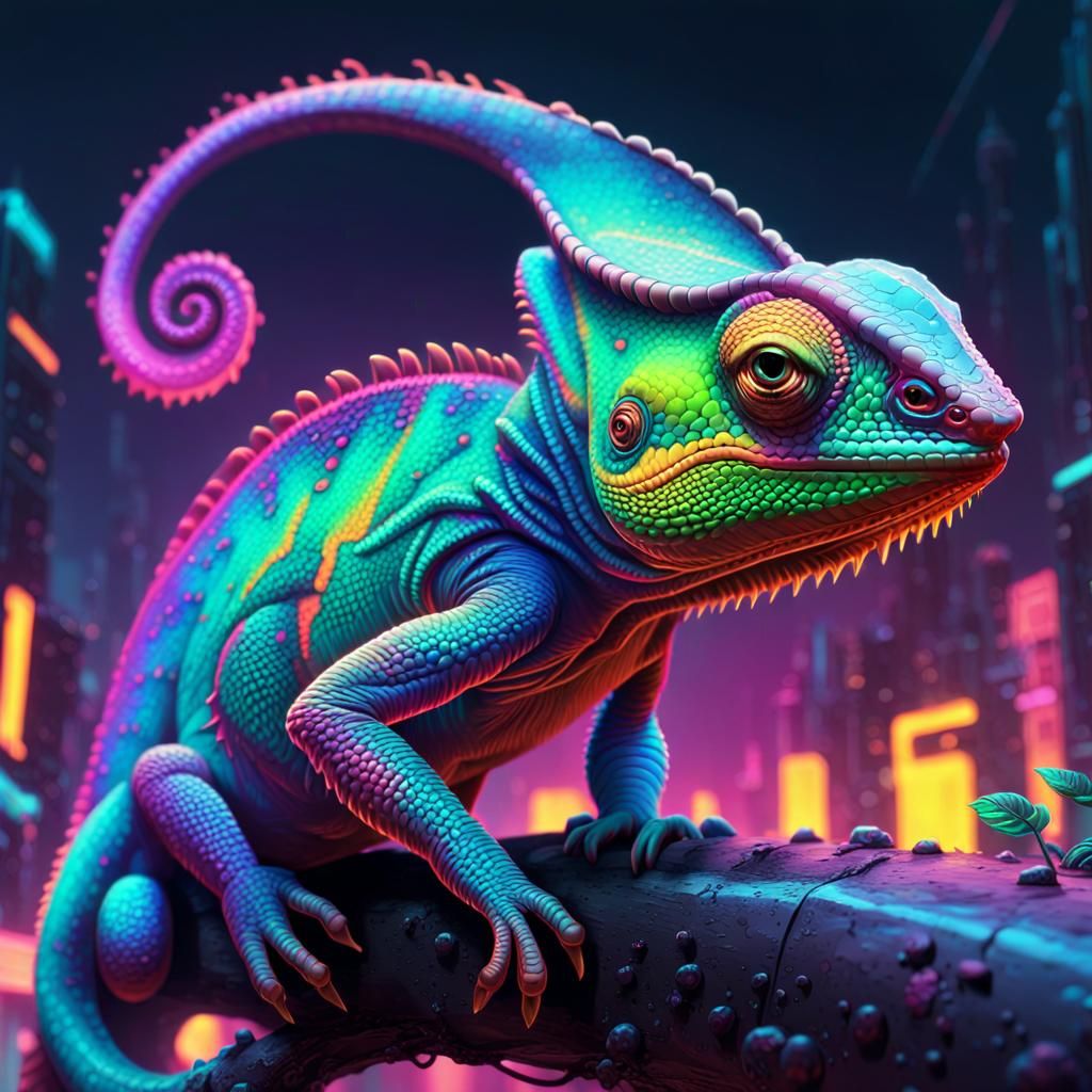 Neon Cyberpunk Chameleon with Iridescent Scales