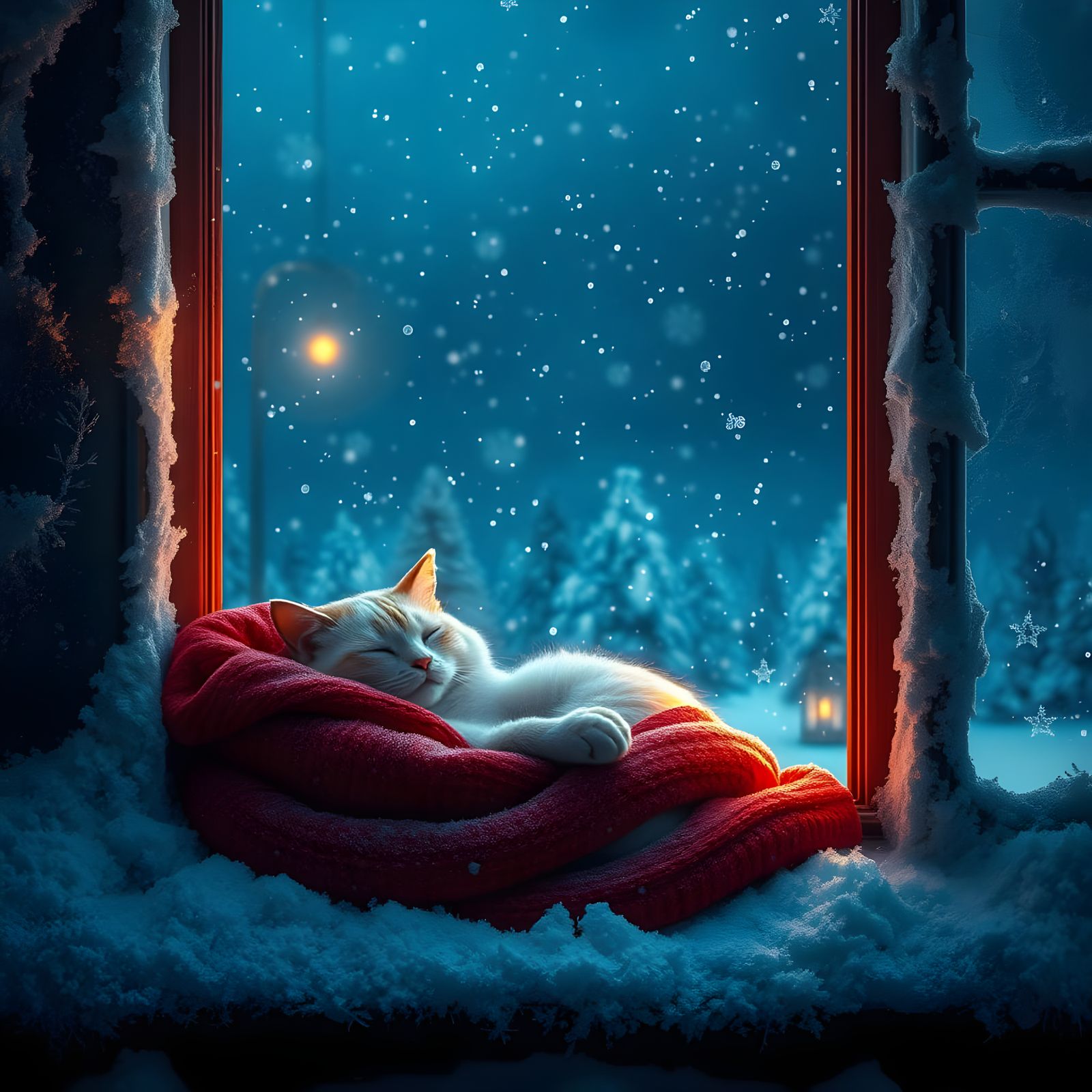 Serene Snow-Kissed Cat in Crimson Blanket, Frosty Windowpane