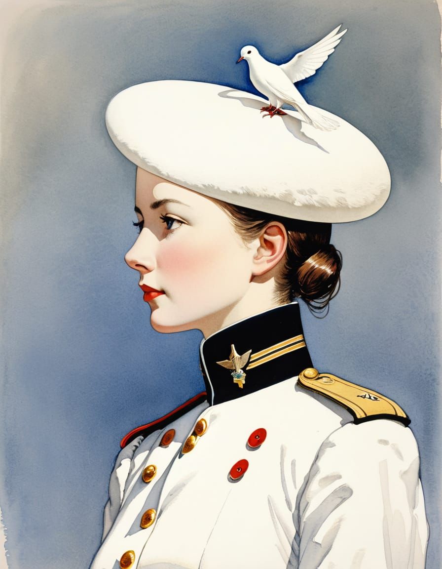 A Conscripted Dove in Uniform, Painted in Watercolor Style