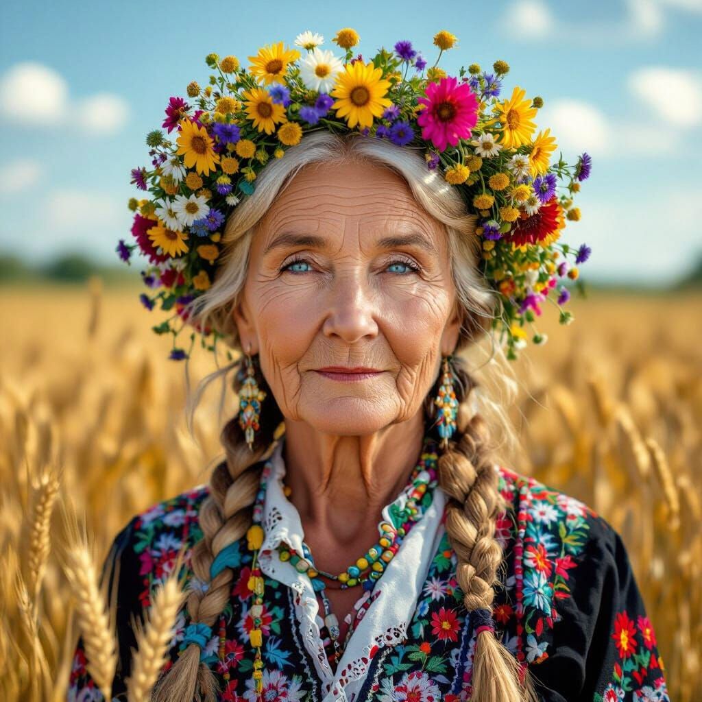Ukrainian Woman with Vinok in Wheat Field