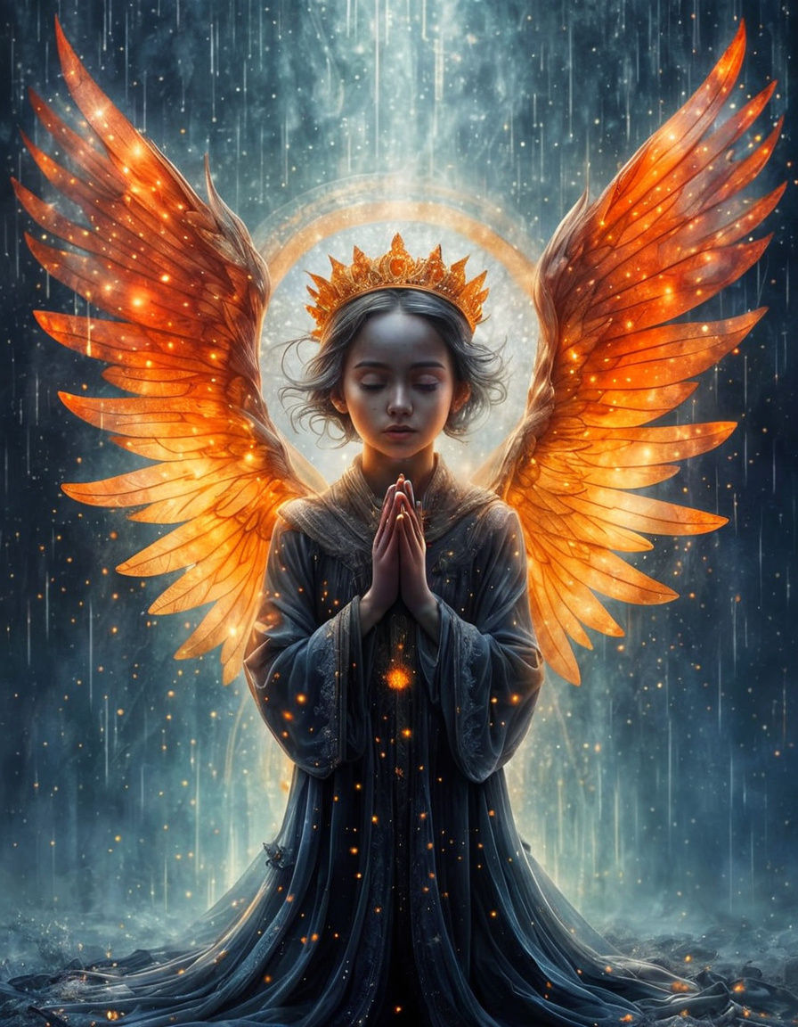 Psychedelic Angel Praying in Fiery Rain