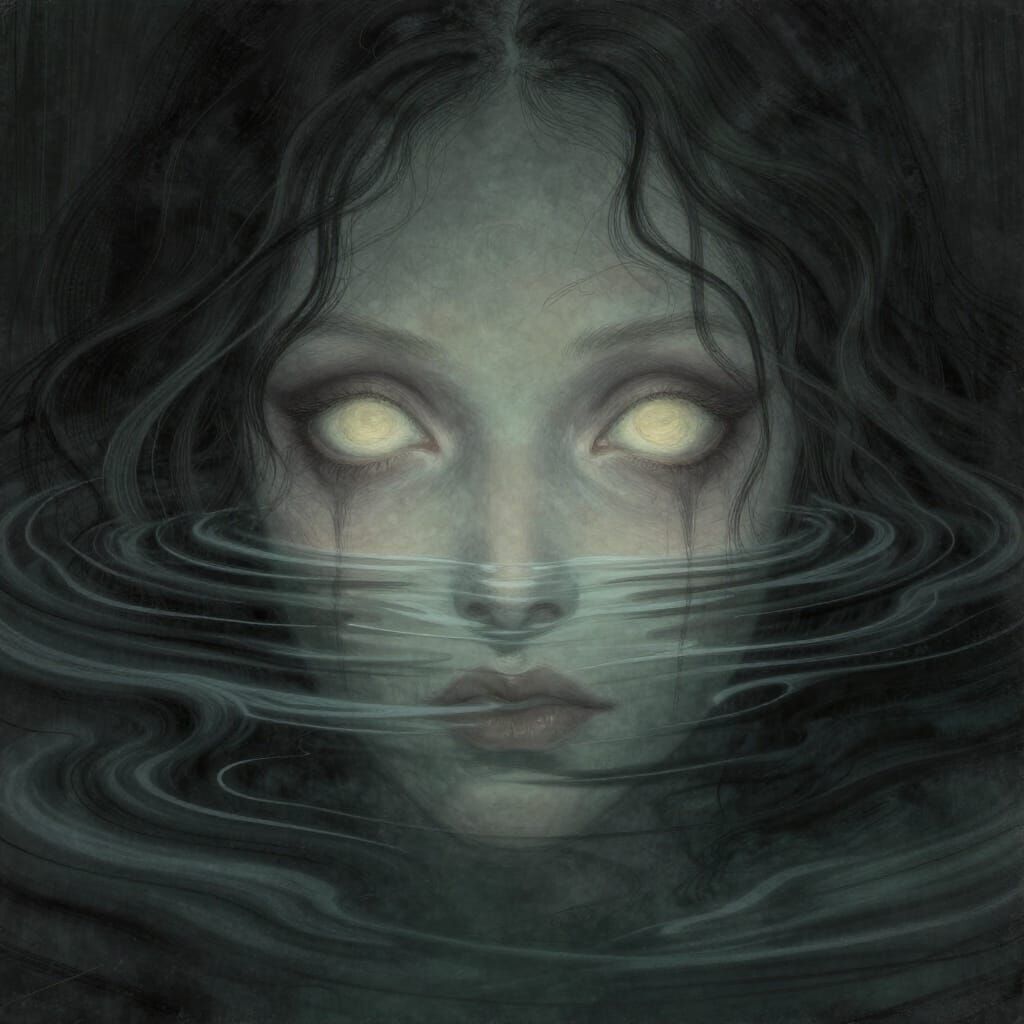 Ethereal Reflection Face in River Water