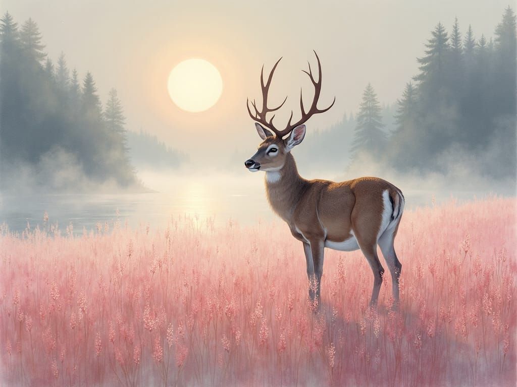 Ethereal Deer Amidst Pink Muhly Grass, Moonlit Serenity