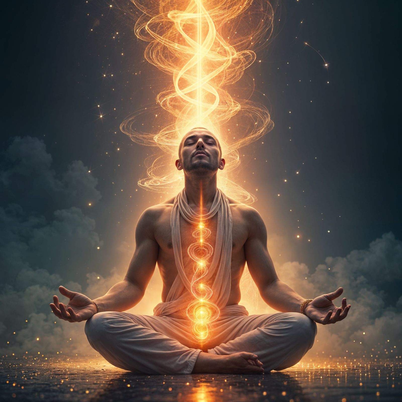 Meditating Man Attains Vibrational State with Kundalini