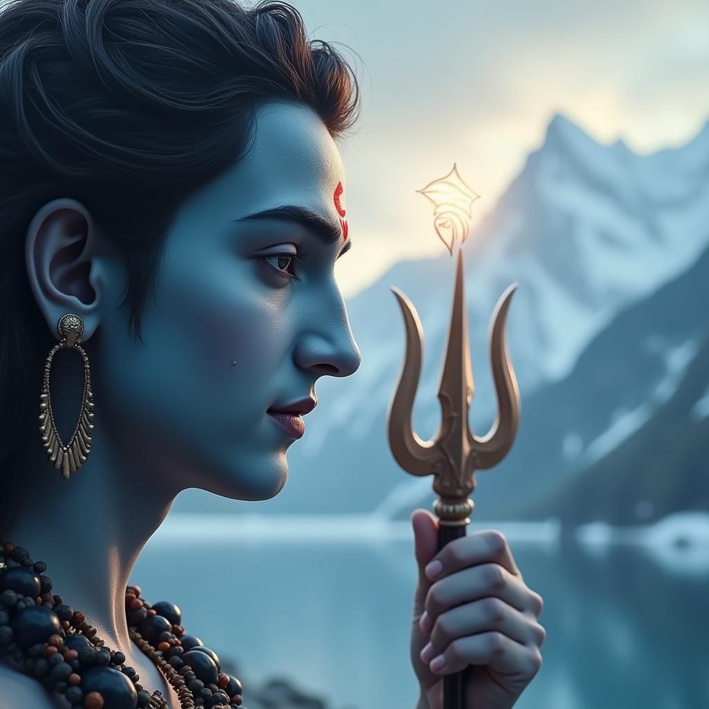 Serene Shiva with Trishul in Snowy Landscape