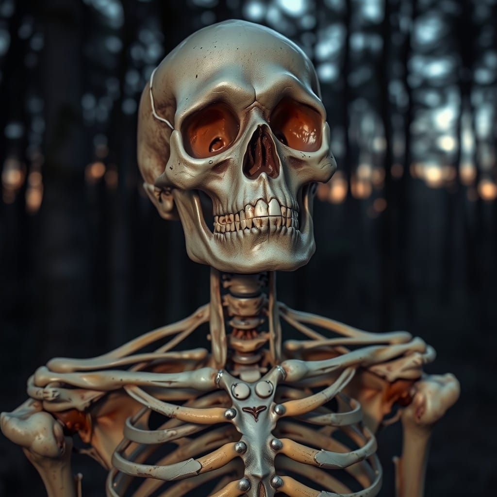 hyper realistic, human skeleton, intricate bone textures,  anatomically correct structures, looking like a dejected huma...