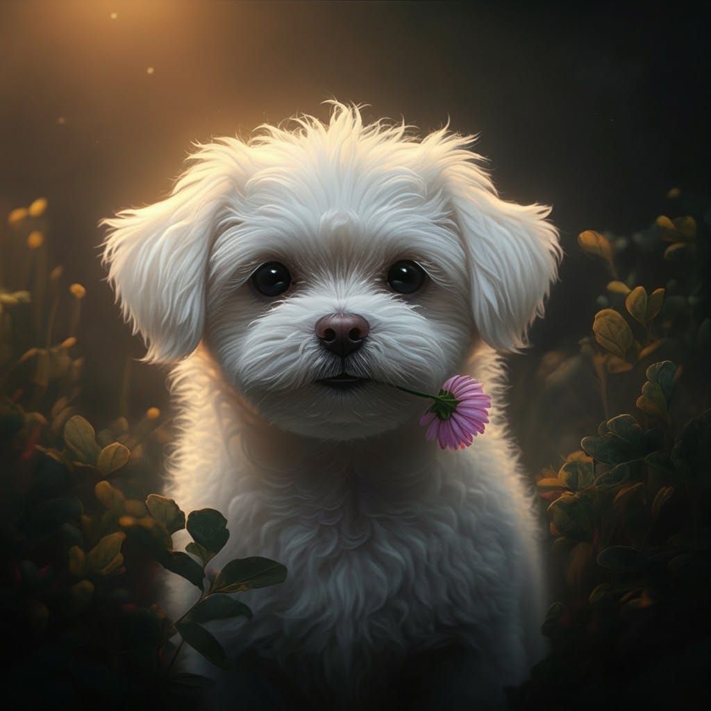 Hyper-Realistic Portrait of Maltese Shih Tzu with Flower
