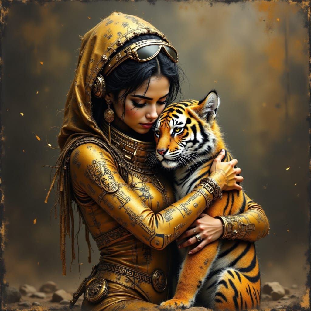 Indian Skeleton Woman and Tiger Cub Portrait