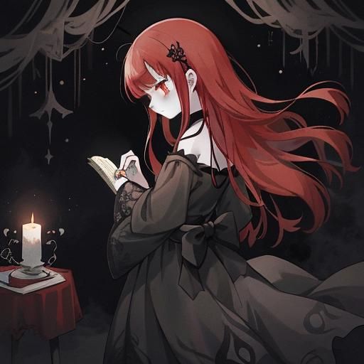 Gothic Anime Girl with Red Hair and Lace Dress