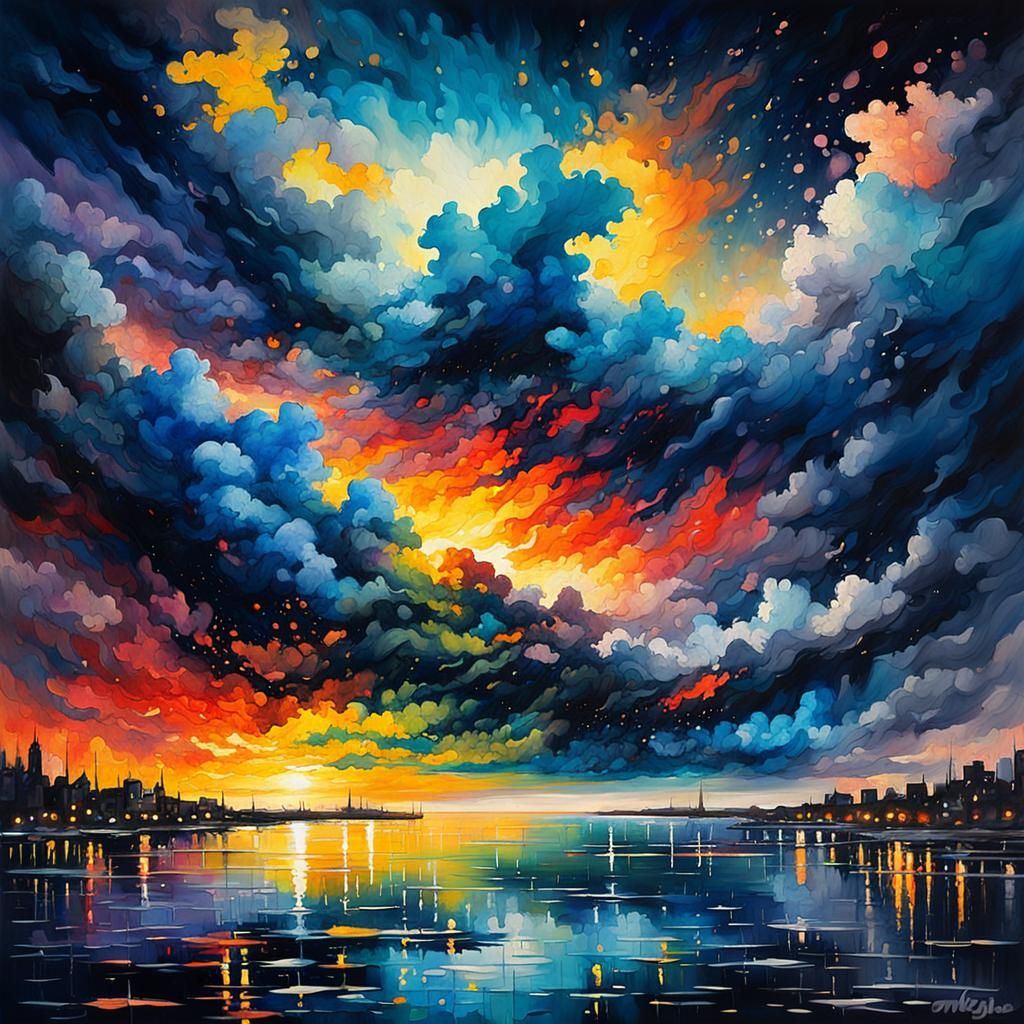 Abstract Night Scene Oil and Watercolor Masterpiece