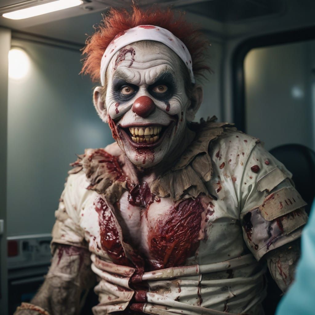Macabre Ambulance Scene with a Bloodied, Grinning Monkey Clo...