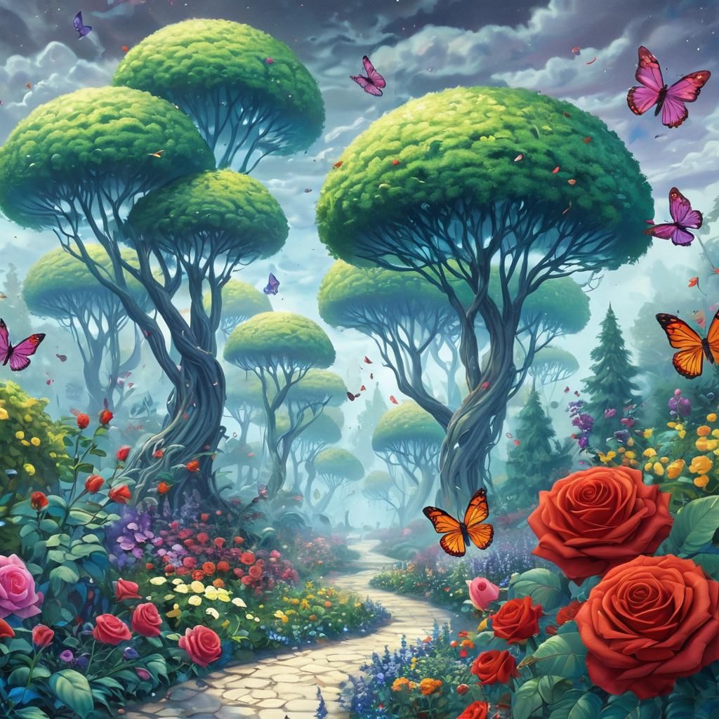 Robot in Dream Garden: Mystical Digital Art