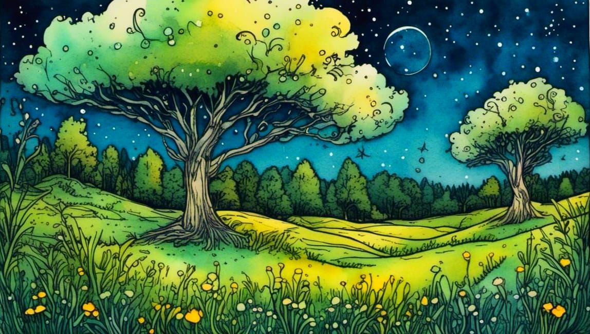 Night Meadow Landscape in Watercolor Style