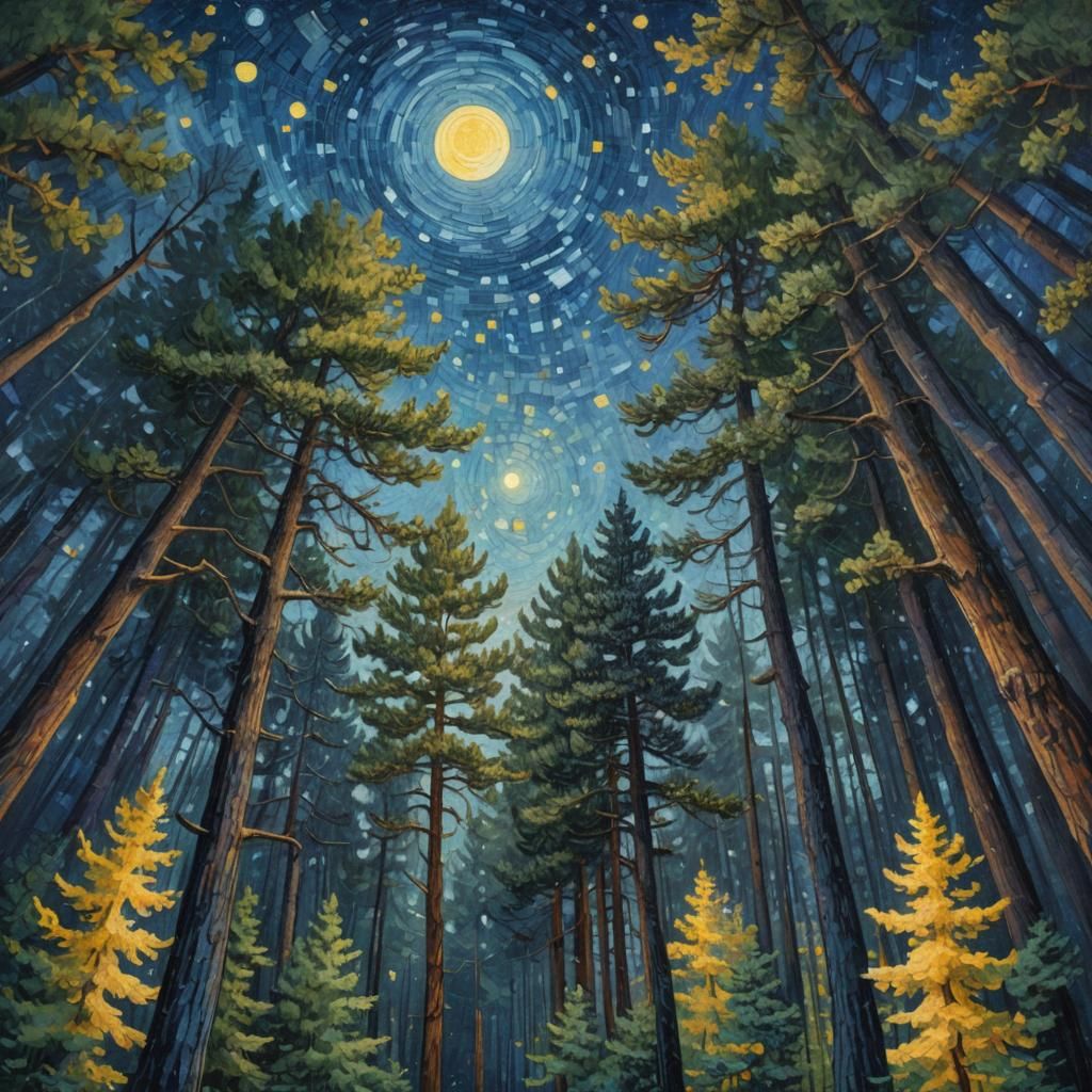 Starry Night Through Forest Pines as Oil Painting