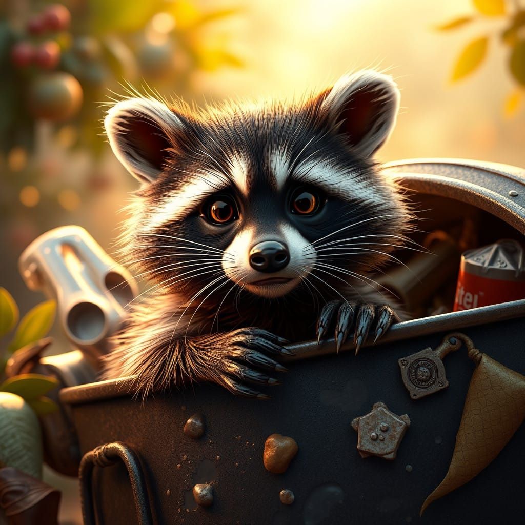 Whimsical, Hyper-Realistic Raccoon Caught in Trash Can Heist