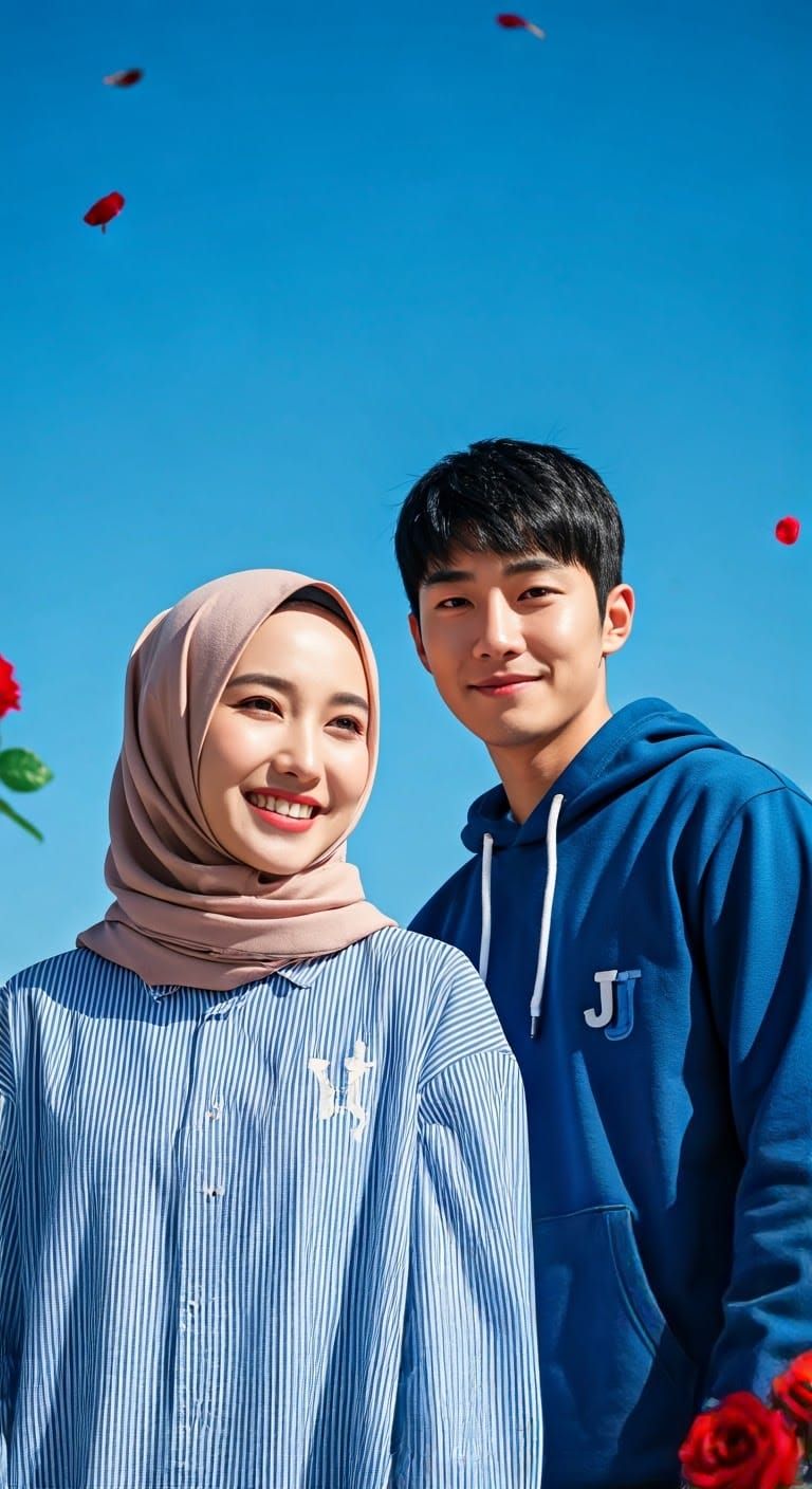 Korean Couple in Blue Hoodies Under a Blue Sky