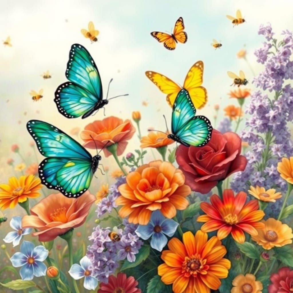 Whimsical Butterflies Dance Amidst Vibrant Flowers