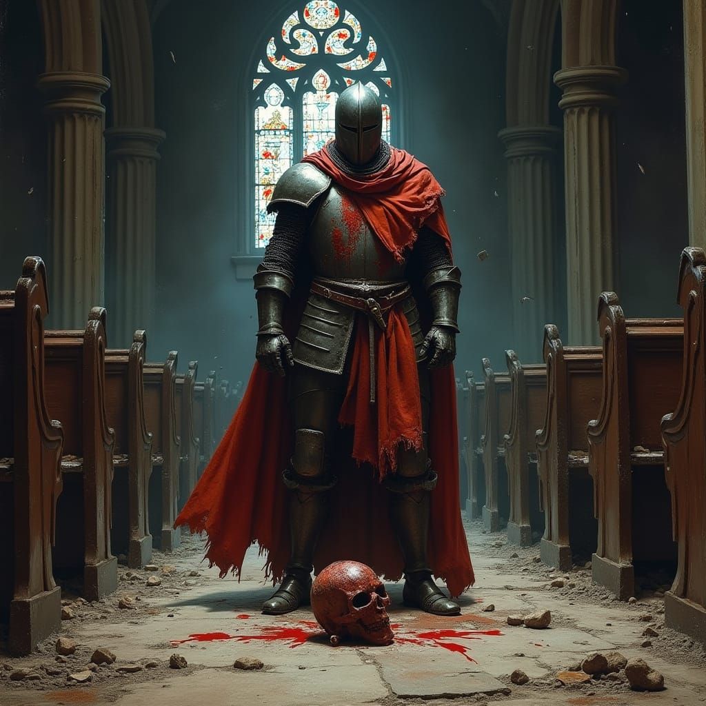 Medieval Knight in Ruined Church, Dramatic Fantasy Art