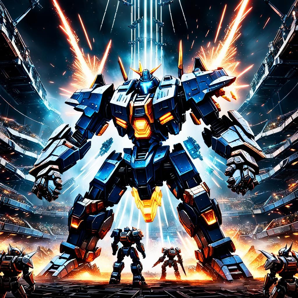 Epic Mecha Battle in Futuristic Arena as 3D Art