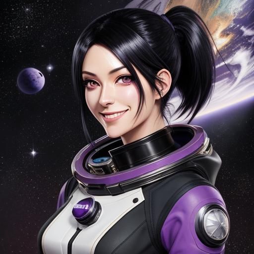 Anime Space Girl with Black Hair and Purple Eyes