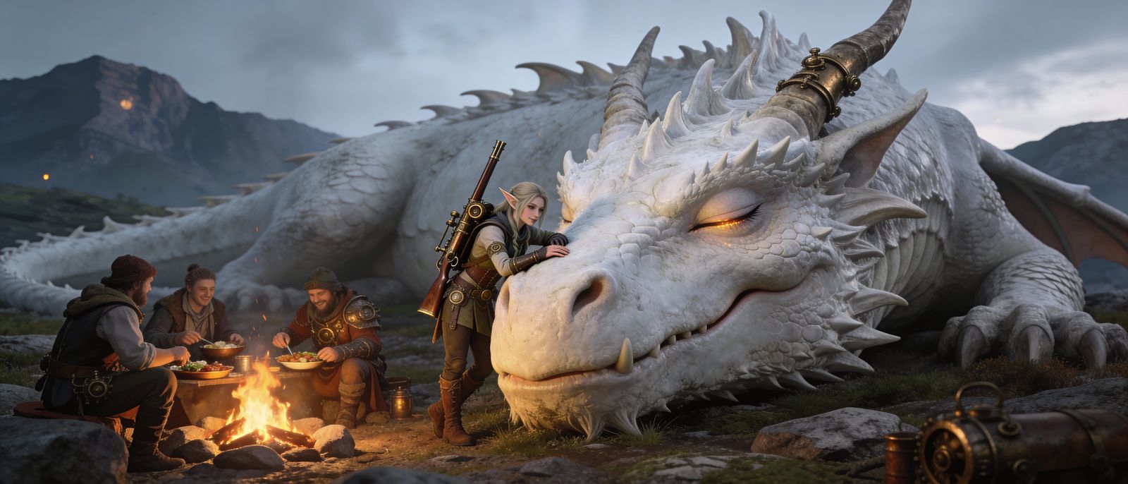 Steampunk Dragon and Adventurers on a Rocky Moor