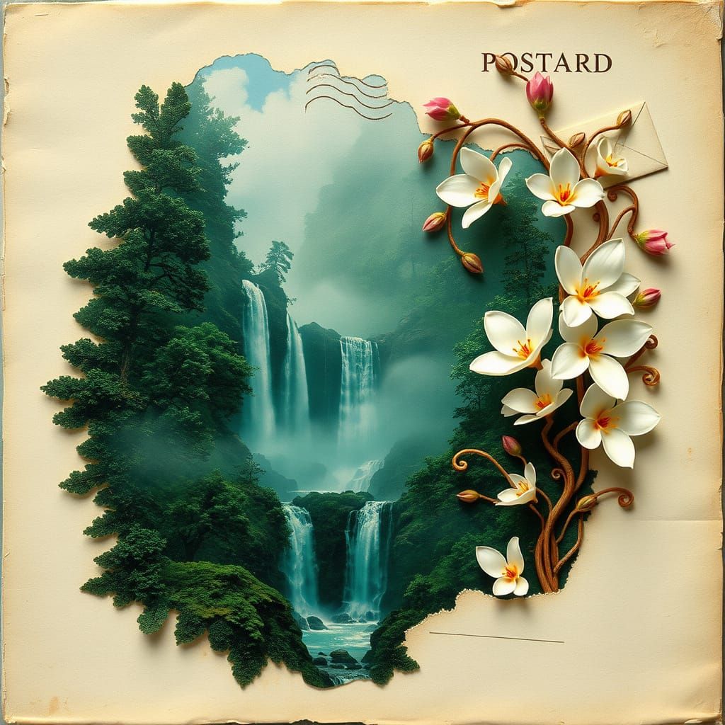 Vintage Postcard Waterfall in Surrealist Style