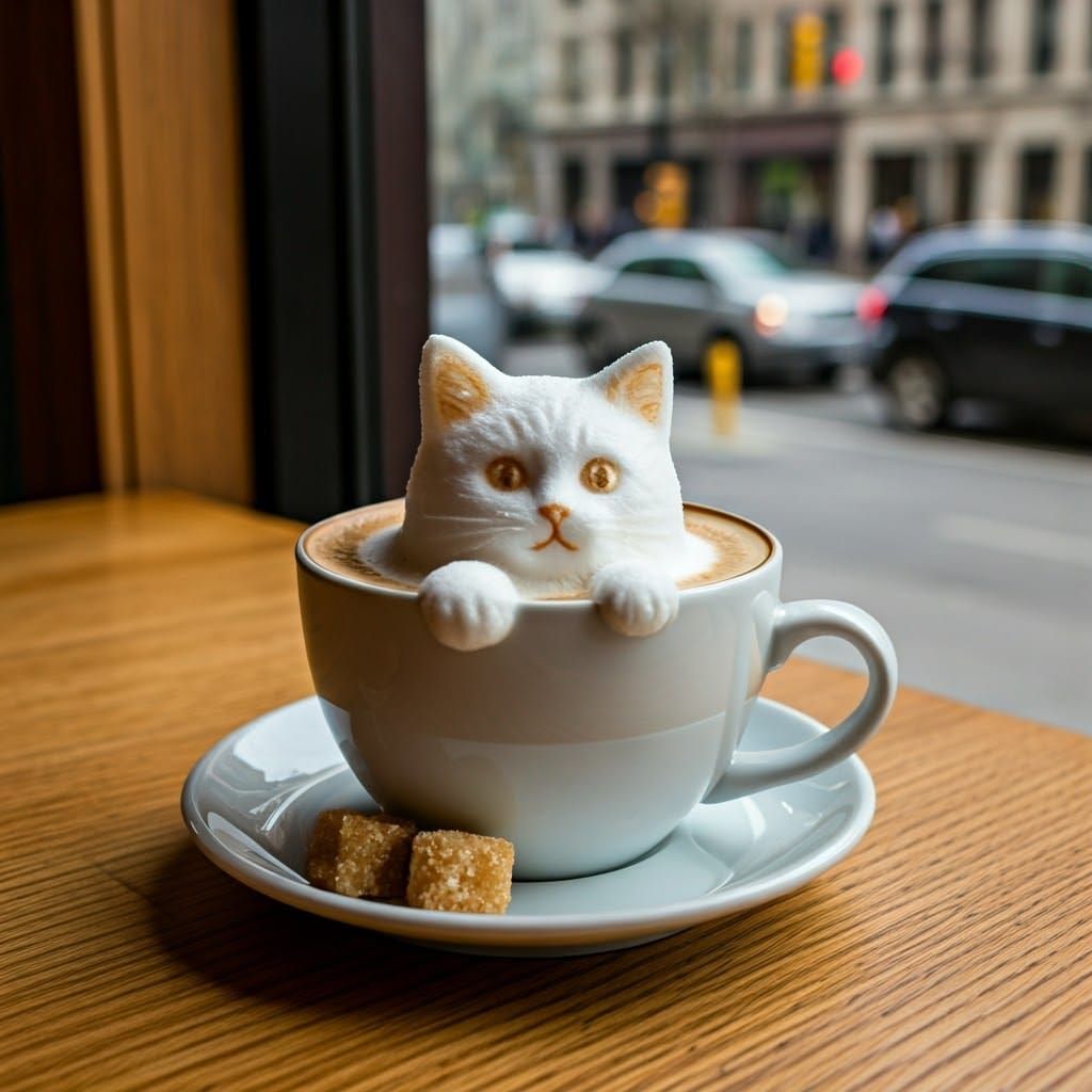 Latte Kitten Peeks Out: Hyperrealistic Cream Art