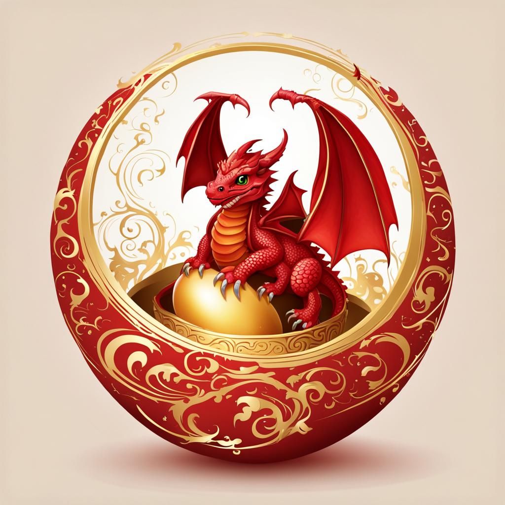 Red Dragon Hatching Illustration with Gold Accents
