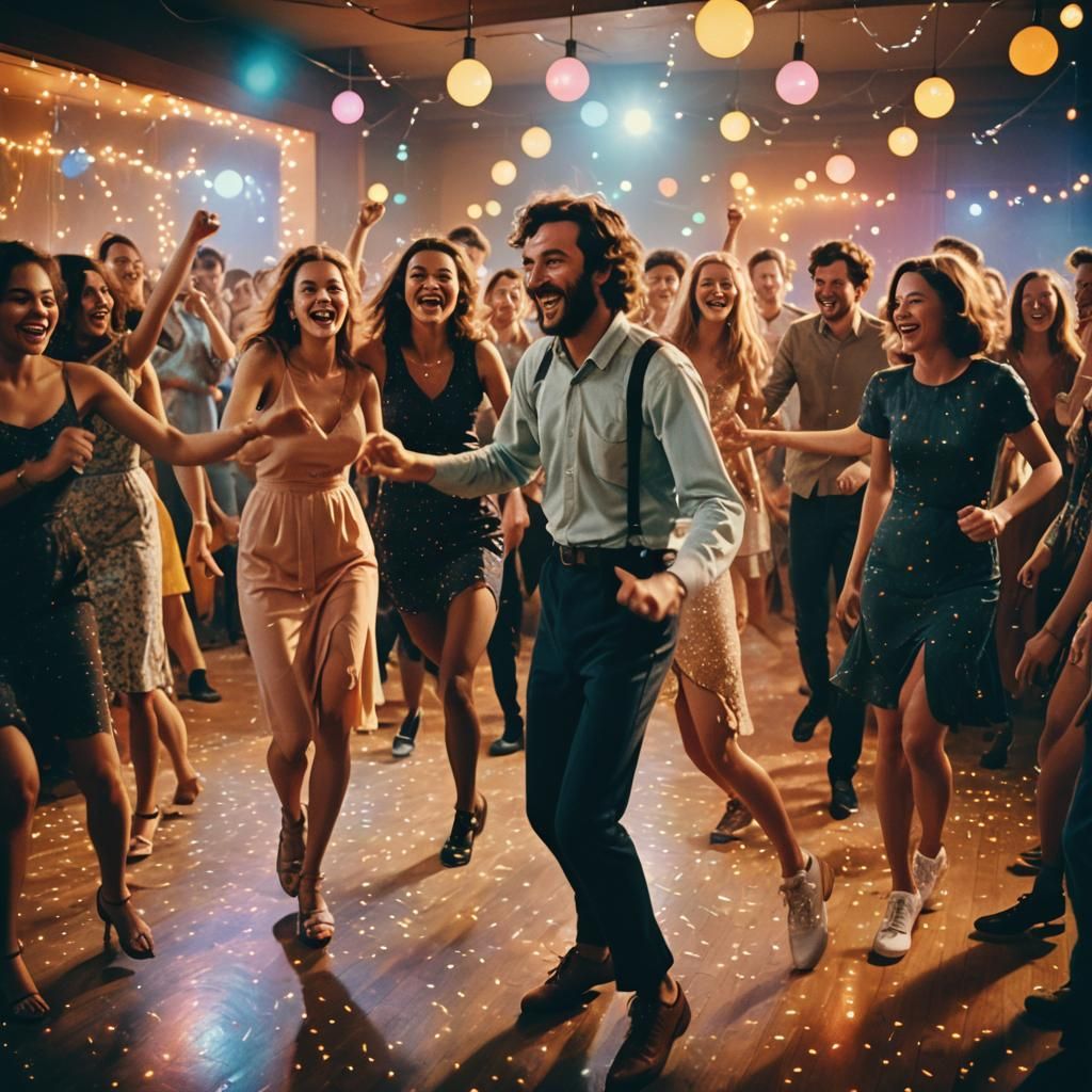 Friends Dancing in Vibrant, Energetic Film Still