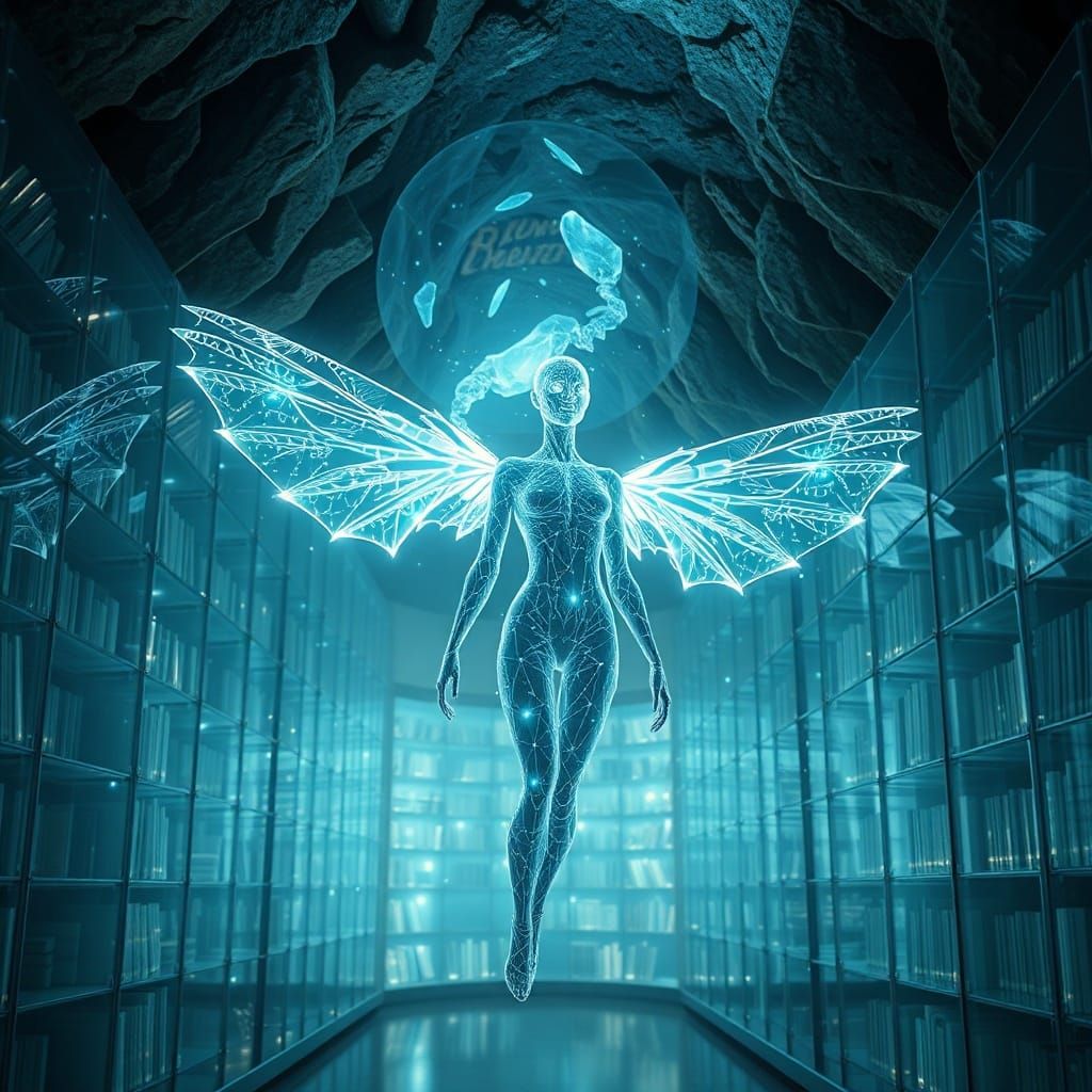 Futuristic Library in Crystal Cave with Bioluminescent Plant...