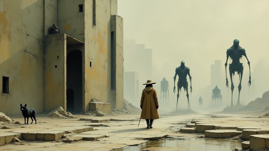 Wanderer Encounters Eerie Figures in Surreal Deserted City