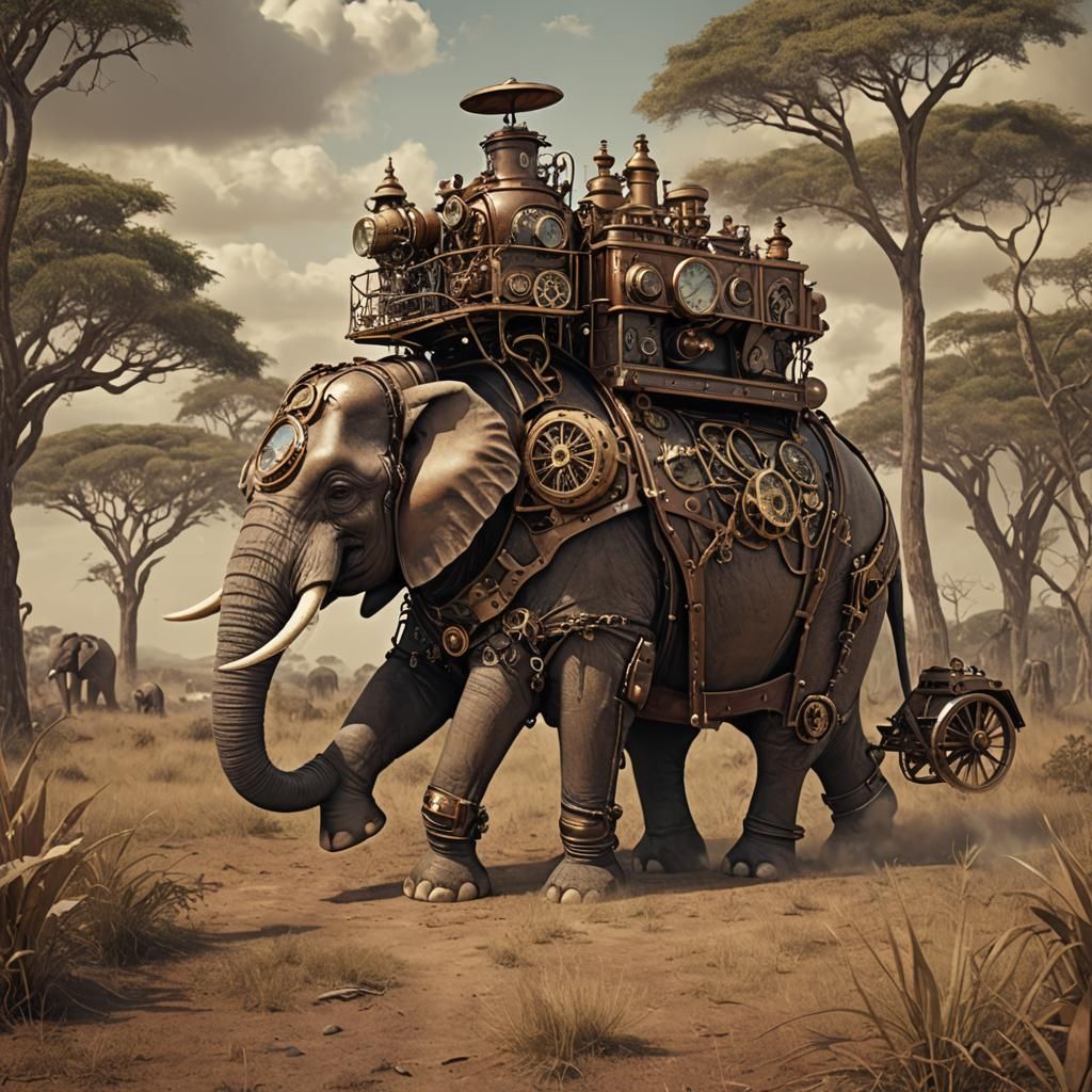 Steampunk Elephant on the African Savanna