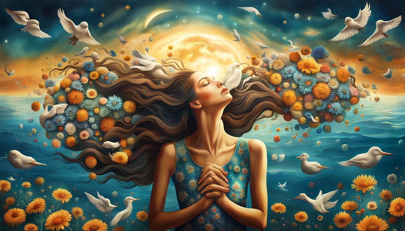 Woman Holding Cosmos in Surreal Universe