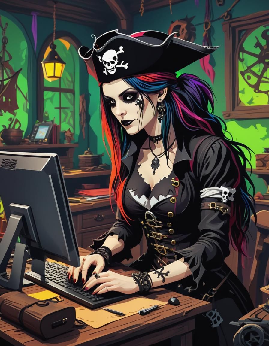 Most beautiful attractive Goth pirate working on her compute...