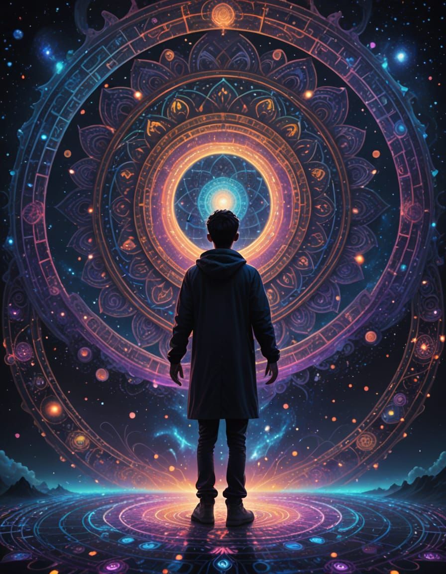 Epic Cosmic Figure in Shimmering Spiral Mandala