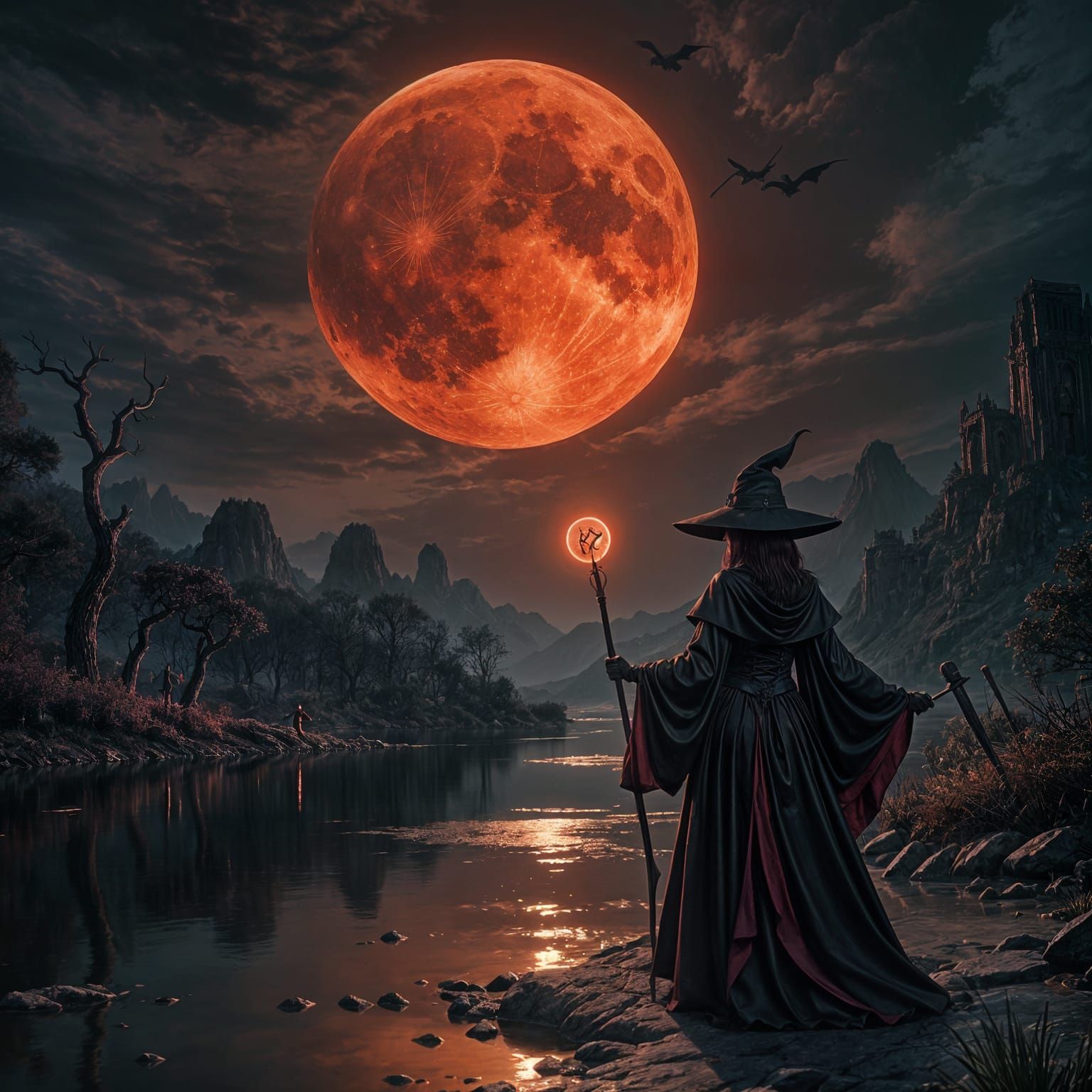 Gothic Witch Under Blood Moon in Dark Fantasy Style