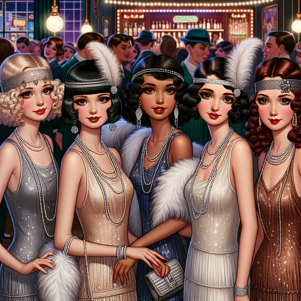 Five Flapper Women at 1920s Party