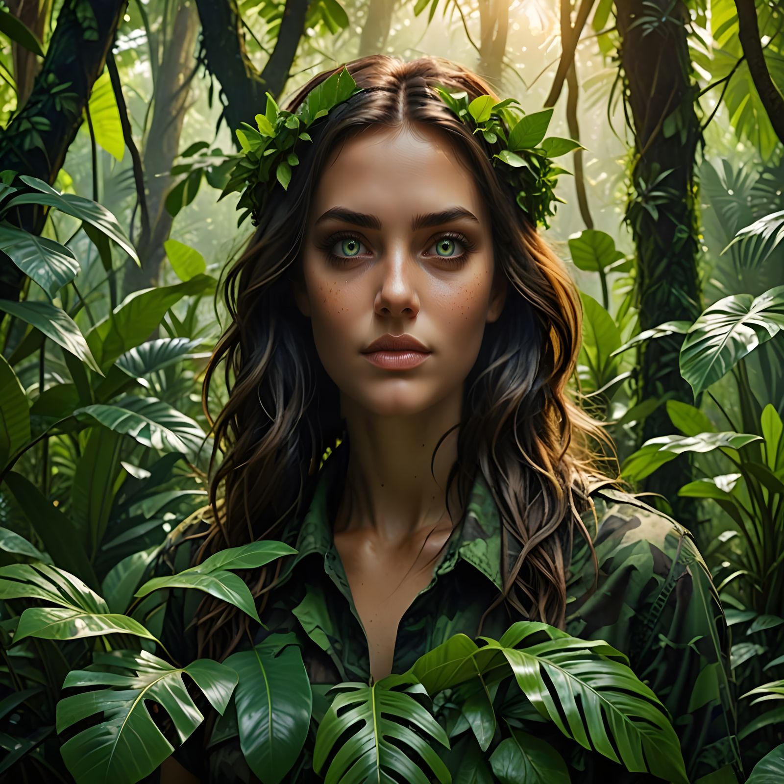 Surreal Jungle Goddess with Glowing Green Eyes