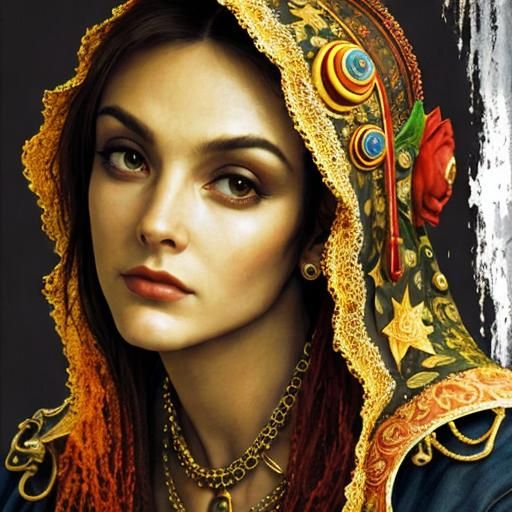 Photorealistic Tattooed Hippie with Bakelite Jewelry