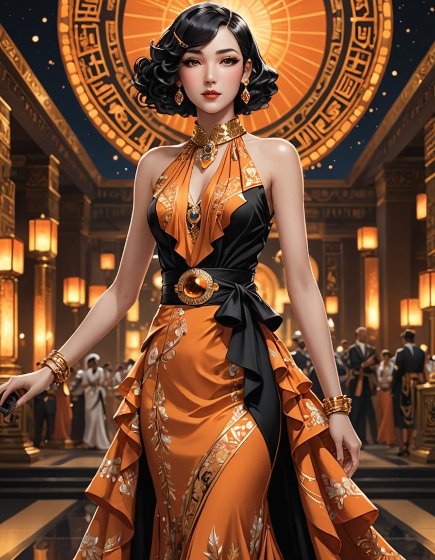 1930s Orange Suit with Egyptian Bokeh, 3D Anime Art
