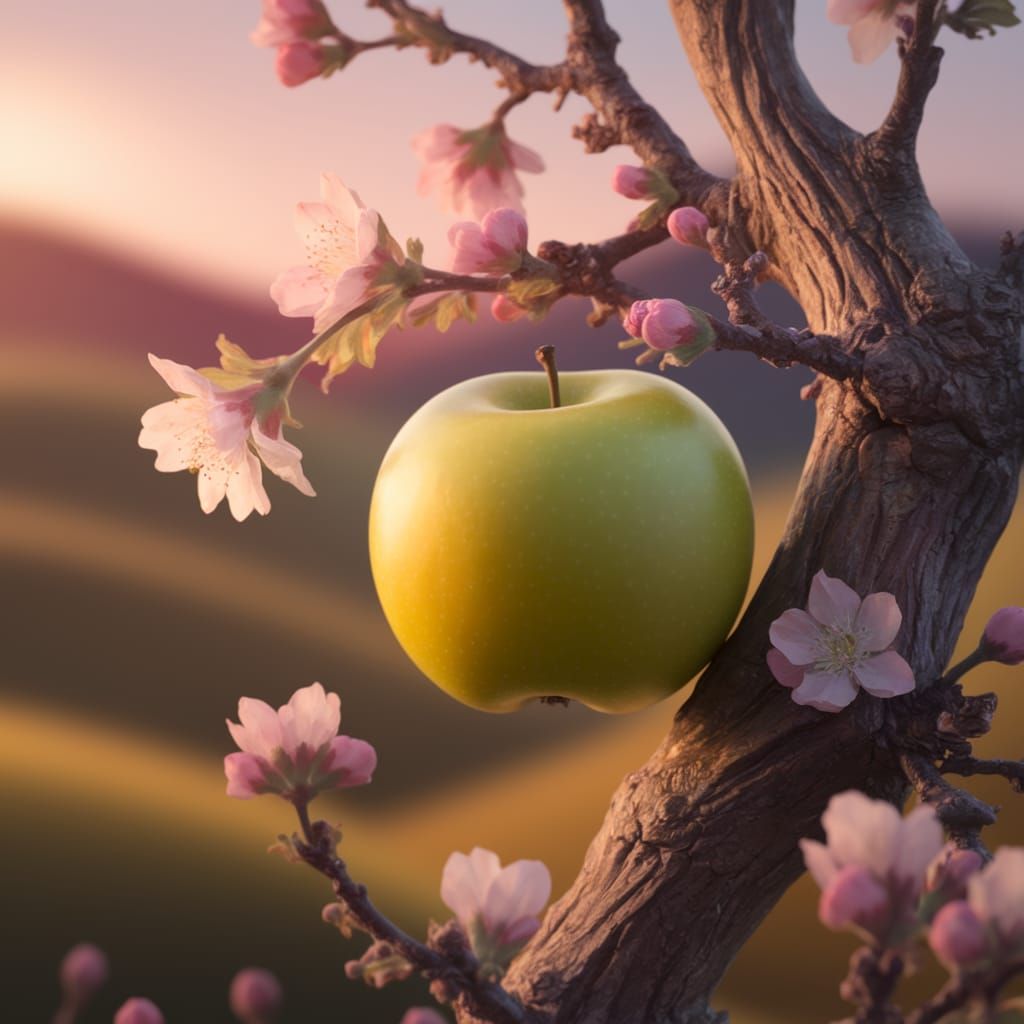 Golden Apple Amidst Blooming Blossoms in Twilight