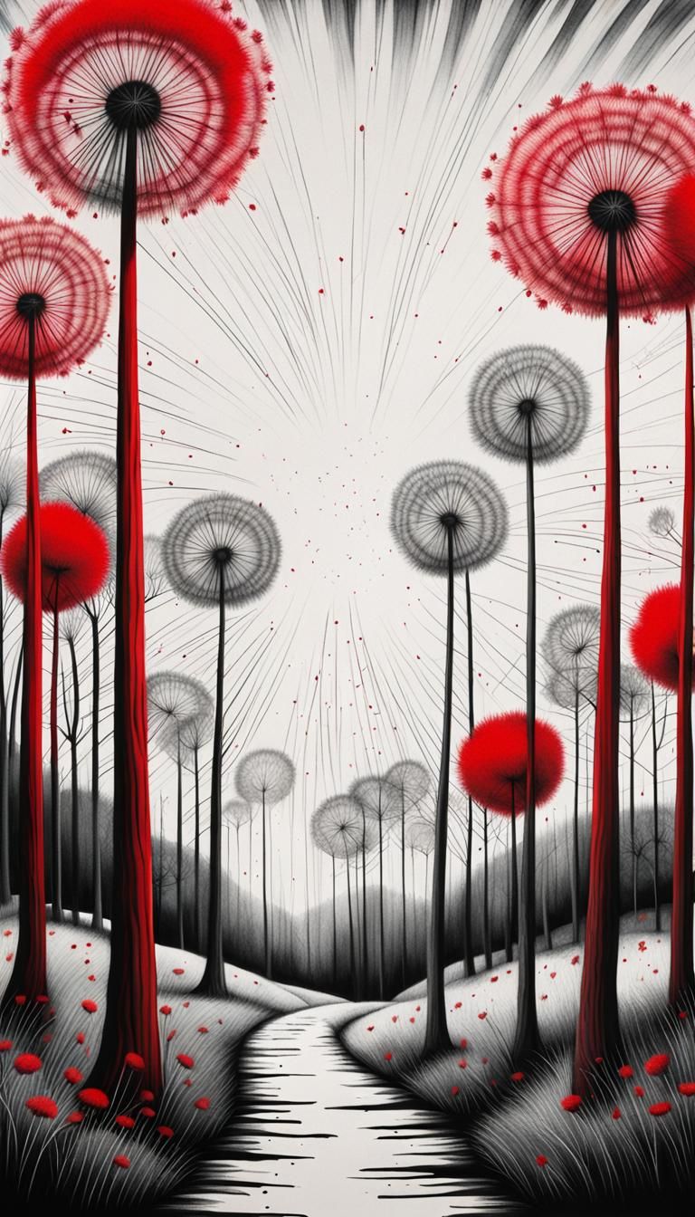 A whimsical representation of a surreal child's drawingof dandelion trees . The image tangibly brings to life the innoce...