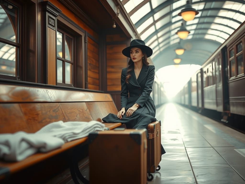 Elegant Woman Awaits Train in Nostalgic Station