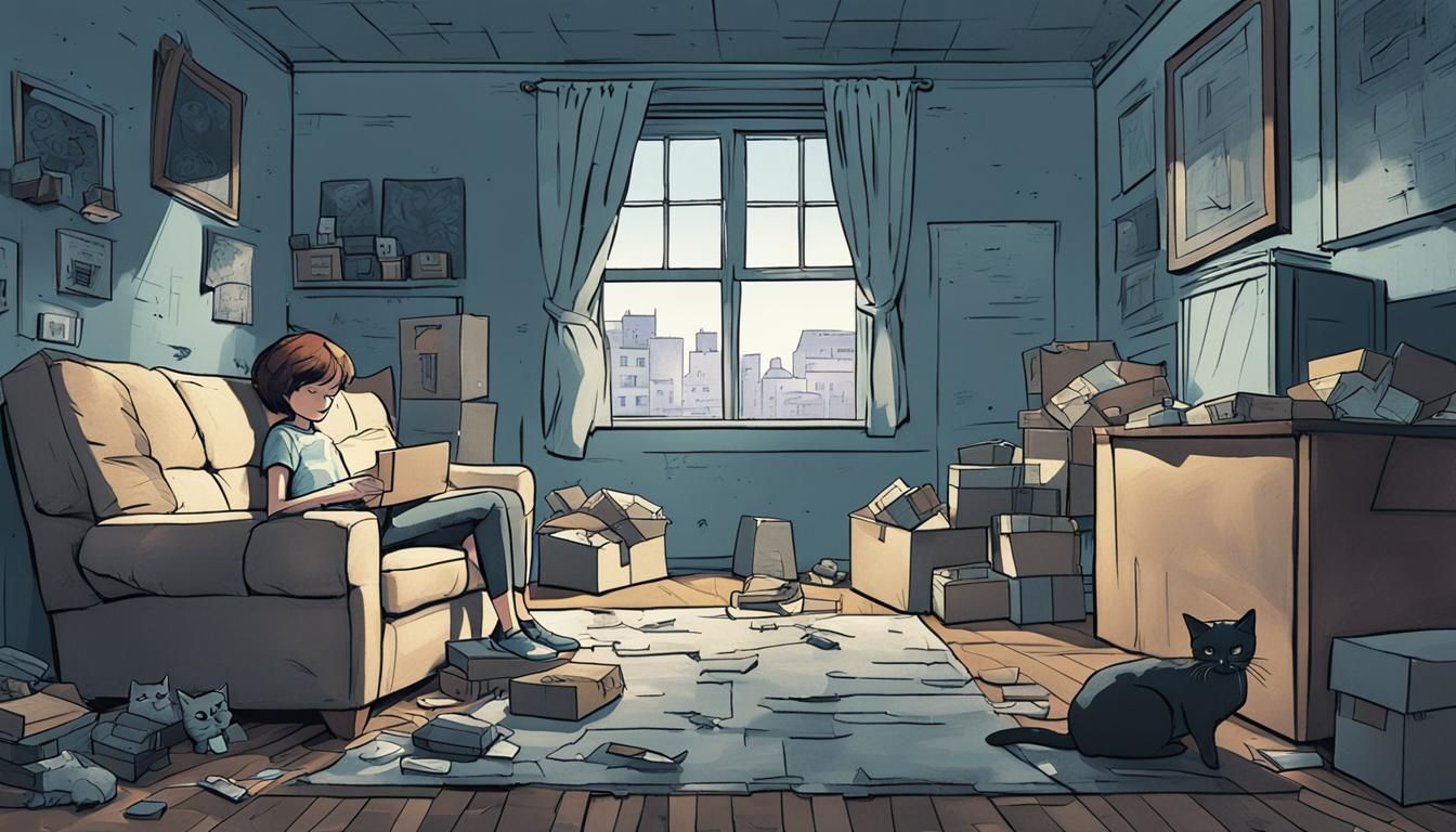 Moody Comic Book Scene with Woman, Cat, and Clutter