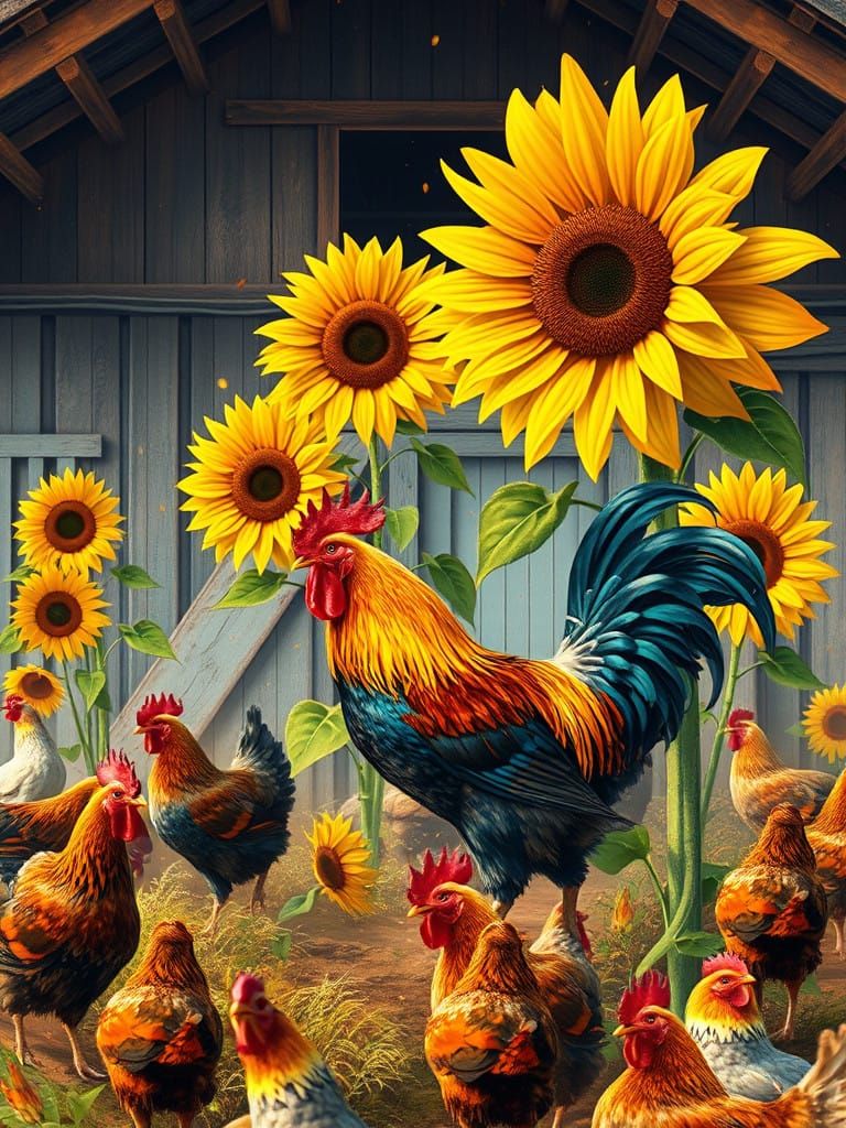 Whimsical Rural Farmhouse Scene with Majestic Rooster and Su...