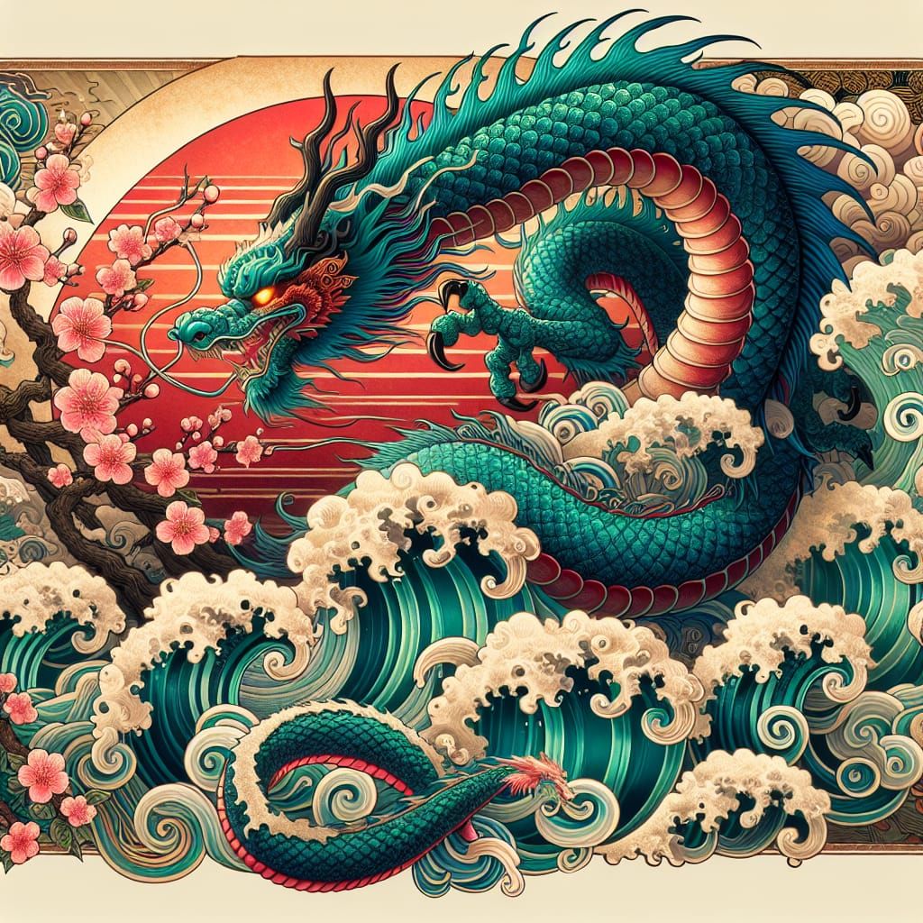 Dragon Tattoo Design with Cherry Blossoms in Ukiyo-e Style