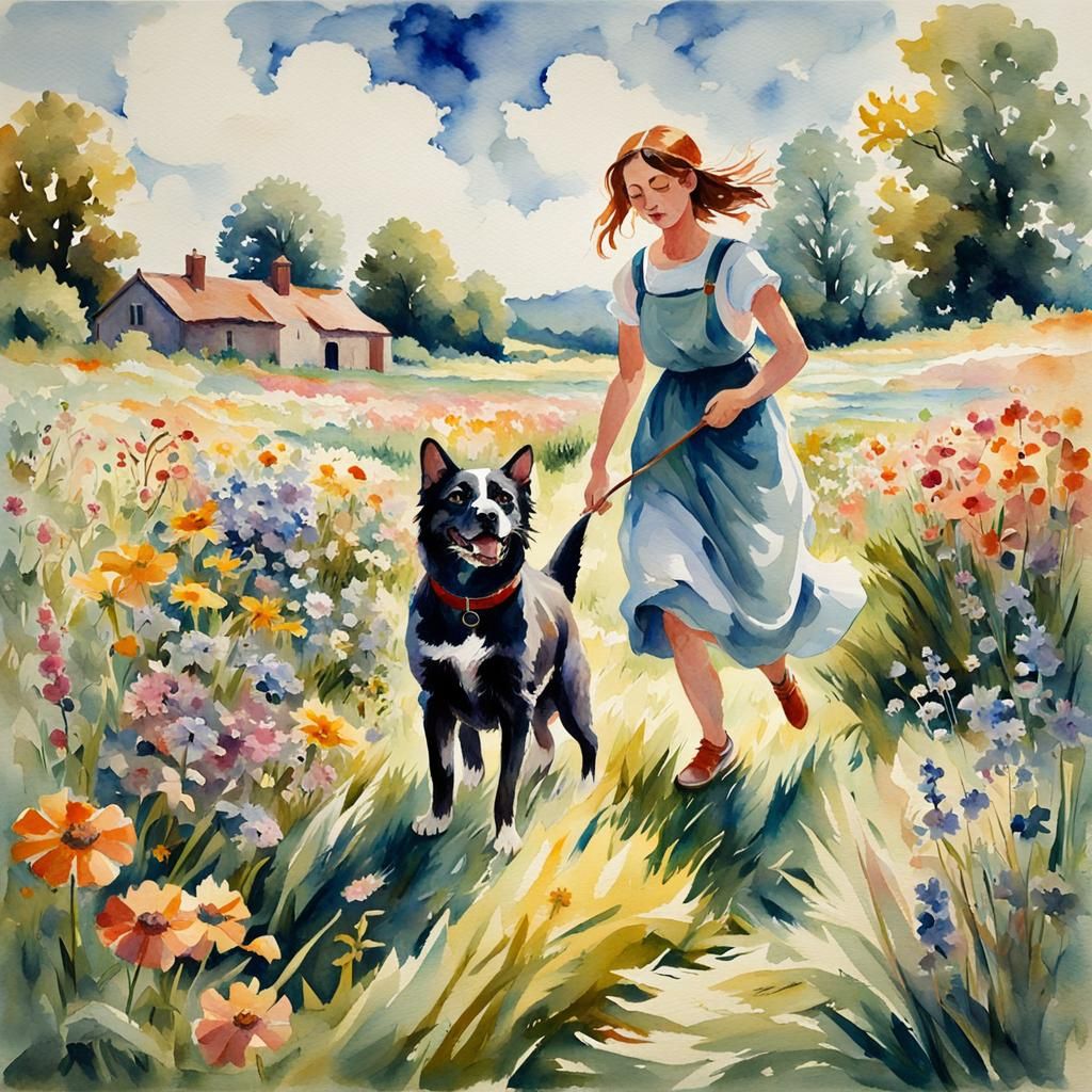 Children Playing with Pets: Impressionist Watercolor