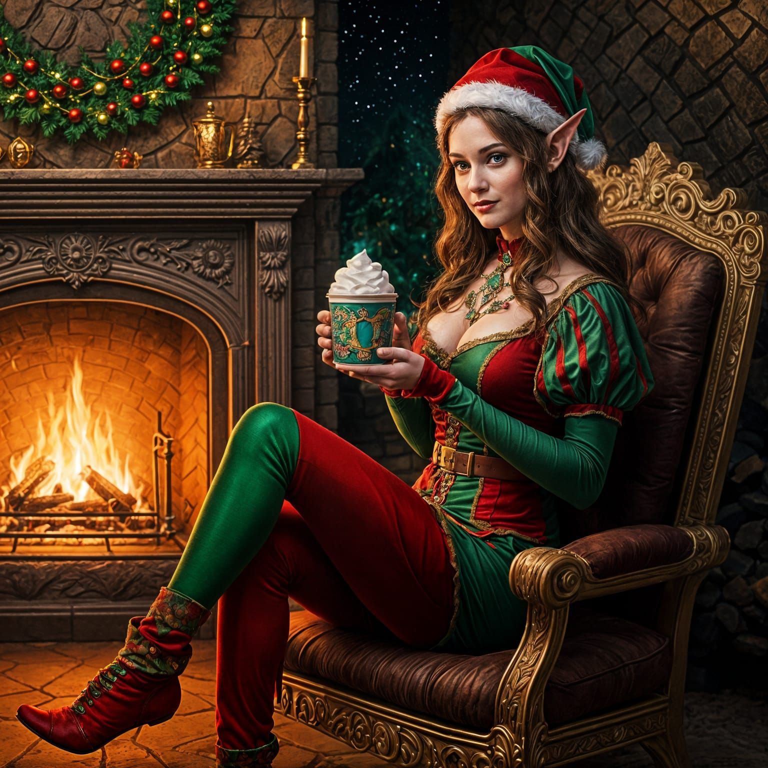 Elegant Christmas Elf by Art Deco Speakeasy Fireplace