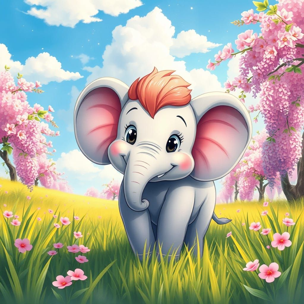 Adorable Elephant in Whimsical Japanese-Inspired Meadow