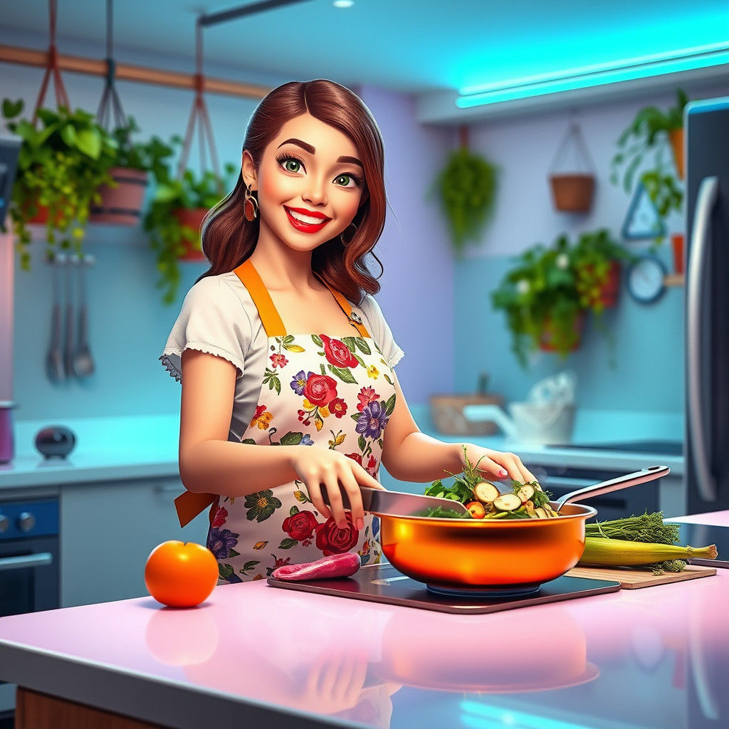 Solarpunk Tradwife Cooking: Vibrant 3D Digital Art